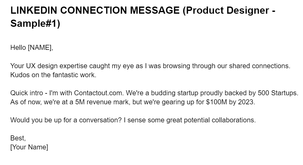LinkedIn connection message (Product Designer Sample #1)