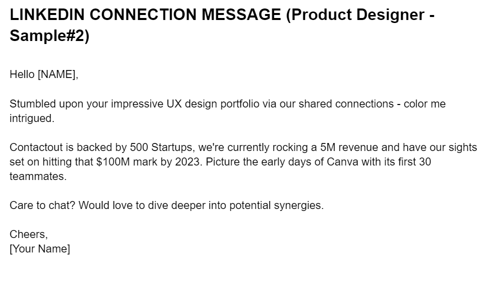 LinkedIn connection message (Product Designer Sample #2)